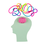 paper head with a brain on top of it and string noddles above