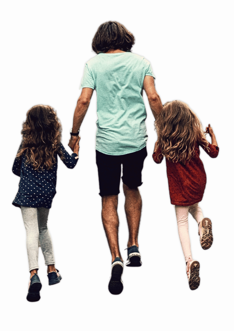 A dad with his two young girls skipping away