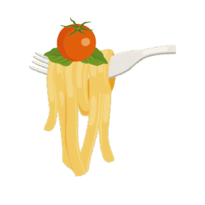 an illustration of a fork with sphaghetti wrapped around it and a tomato on the top