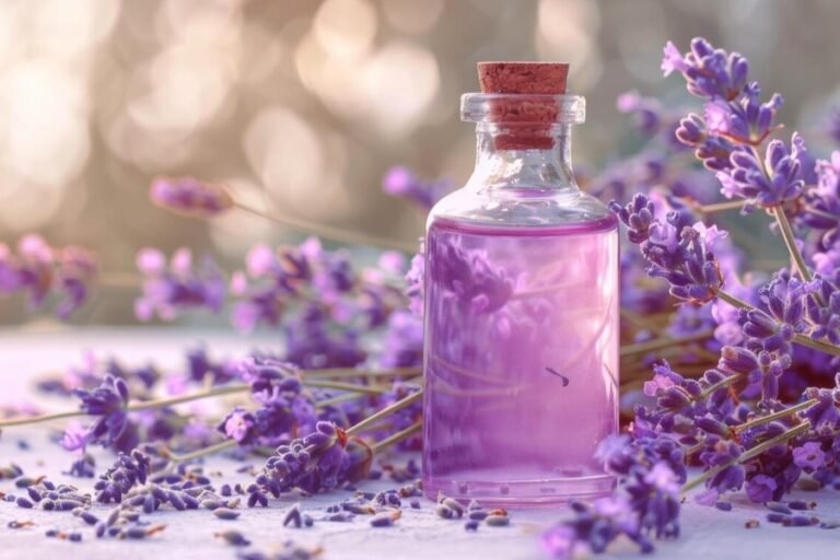 How scents can help calm anxiety - lavender and a glass bottle with lavender coloured oil